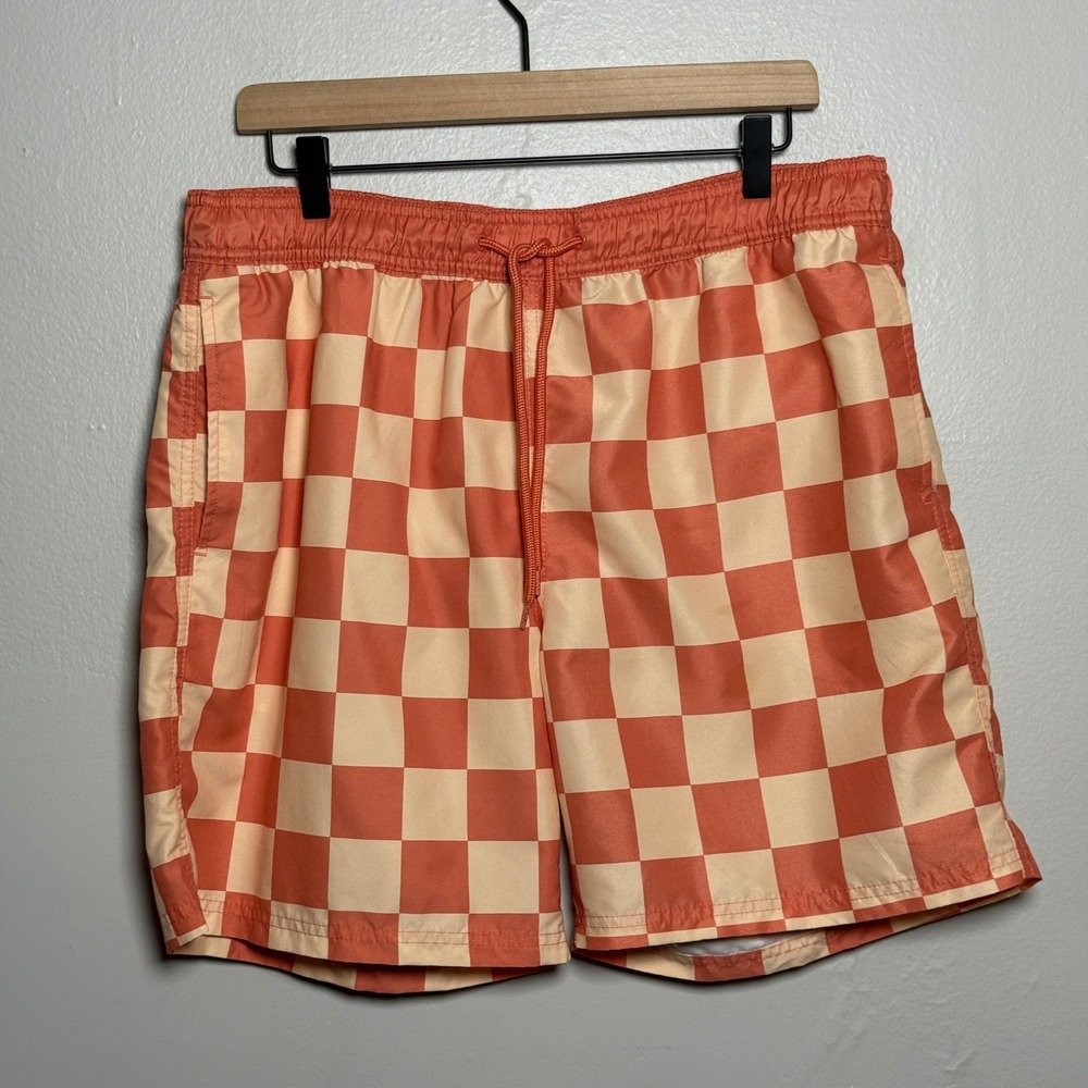 Mad Engine Mens Swim Trunks L Orange Peach‎ Checkered Lined Shorts Beach